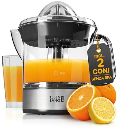 LEBENLANG Zitruspresse elektrisch - 2 Kegel & BPA-Frei I Hohe Saftausbeute I 700ml Orangenpresse elektrische Saftpresse Edelstahl für Zuhause I Entsafter Zitronenpresse Orangensaftpresse