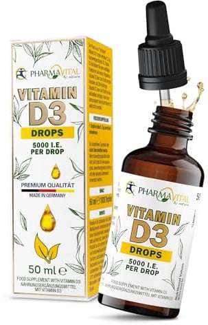 Pharmavital Vitamin D3 Tropfen 5000 50ml flüssig (1830 Tropfen) - Laborgeprüfte 5000 I.E. pro Tropfen - Immunsystem stärken, für Knochen und Muskeln - Hochwertig: sehr hohe Stabilität, vegetarisch