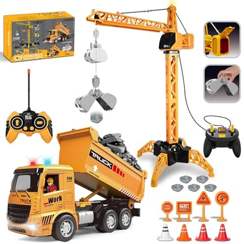 HILKKET Kran & LKW Spielzeug Set, 2.4GHz RC Ferngesteuerter Turmkran & Truck für Kinder ab 6 Jahren, 6-Kanal Elektrokran mit Hebehaken, Leuchtturm und Sound, Konstruktionsspielzeug Set