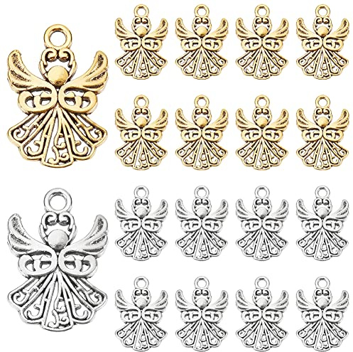 PandaHall 80 Stück 2 Farben Tibetischer Stil Engel Anhänger, Schutzengel Charms Metall Fee Anhänger für Armband Halskette Schmuck DIY Basteln, Antik Gold/Antik Silber