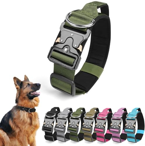 Ledeak Taktisches Hundehalsband mit Griff, Verstellbares Anti Zieh Breites Hunde Halsband Gepolstert, Dog Collar mit Metallschnalle erziehungshalsband für Hunde (Armeegrün, L)