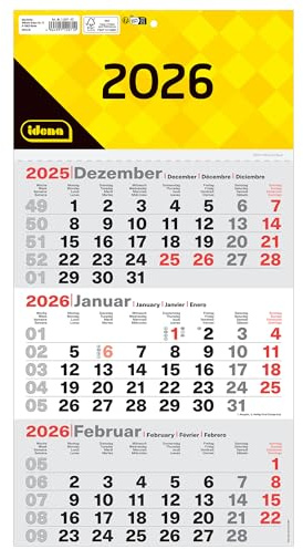 Idena 12071-3 Monatskalender 2026 in der Größe 24 x 45 cm, Wandkalender mit Schieber, 4-sprachiger Bürokalender mit Wochenzählung