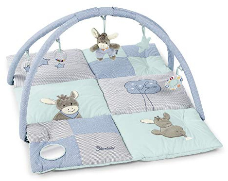 Sterntaler Spielbogen Esel Emmi – Weicher Baby-Spielplatz mit abnehmbaren Figuren, Rassel, Quietsche, Knisterpapier und Spiegelfolie - Krabbeldecke - Fördert spielerisch die Sinne – 100x80x3 cm