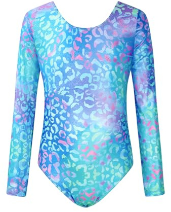 JiAmy Gymnastikanzug Mädchen Langarm, Kinder Glitzer Gymnastik Turnanzug Leotard Dancewear Gymnastikbody für 8-9 Jahre