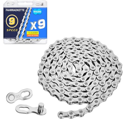 Wicbb 9-fach Fahrradkette 116 Glieder Mit Kettenschloss: 9 Speed Fahrrad Kette Silber 116 Kettenglieder für Mountainbike Sportbike langlebige Bicycle Chain kompatibel mit verschiedenen Fahrradtypen