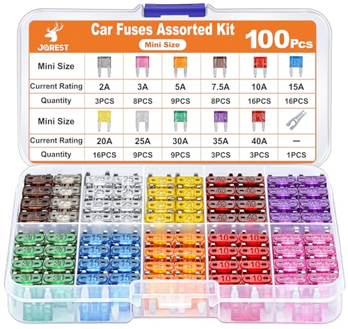 JOREST 100Pcs Kfz Sicherung Set - Mini Flachsicherungen Auto + 1 Sicherungszieher - Automotive Sicherungen für PKW/Wohnmobil/LKW/Motorrad (2 Ampere 3A 5A 7.5A 10A 15A 20A 25A 30A 35A 40A)
