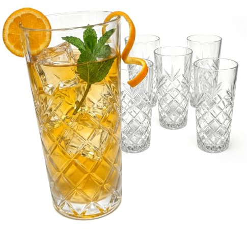 Relaxdays Longdrinkgläser, 6er Set, 300 ml, geschliffene Trinkgläser, spülmaschinenfest, Highball Gläser, transparent