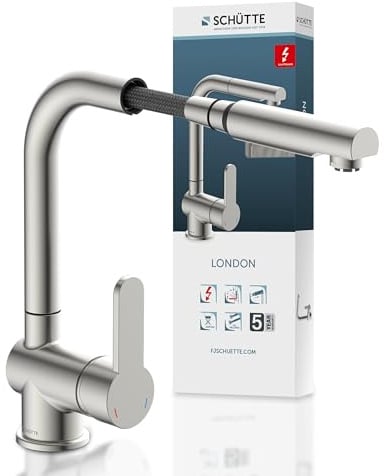 SCHÜTTE 79729 LONDON Niederdruck-Küchenarmatur in Edelstahl mit ausziehbarer Geschirrbrause, 360 Grad schwenkbarer Wasserhahn für die Küche, Mischbatterie mit Einhebelmischer, Spültischarmatur