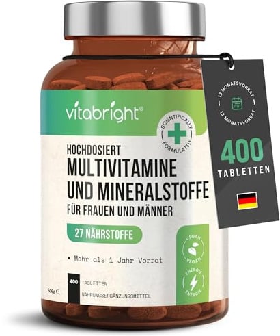 Multivitamin Tabletten Hochdosiert | 27 Vitamine & Mineralstoffe A–Z | 400 Tabletten – 13 Monate Vorrat | 100% NRV | Vegan | Für Frauen & Männer | VitaBright