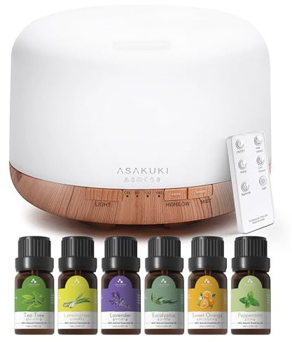 ASAKUKI Aroma Diffuser mit Ätherische Öle Set | 500ML Aromatherapie Luftbefeuchter mit 6 * 10ML Öle Set, 14 LED-Farben & automatischer Abschaltung für Zuhause und Büro
