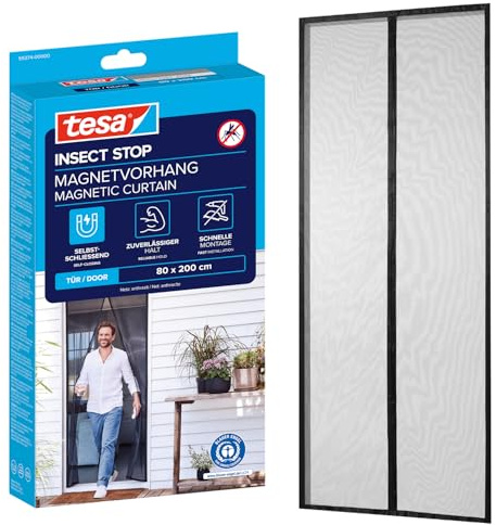 tesa INSECT STOP Magnetvorhang - selbstschließend - Insektenschutzvorhang mit Magneten für Balkon- und Terrassentüren - zur einfachen Montage ohne Bohren - 2,0 m x 0,8 m