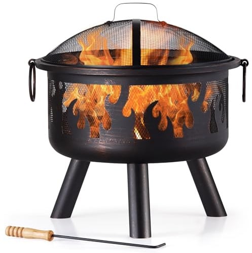 Vonhaus Feuerstelle für Garten, Terrasse & Outdoor– tragbar und leicht, Feuerkorb aus bronzegetönter Stahl mit Flammdesign, Feuerschale mit Funkenschutz & Schürhaken, Nutzbar mit Holz oder Kohle