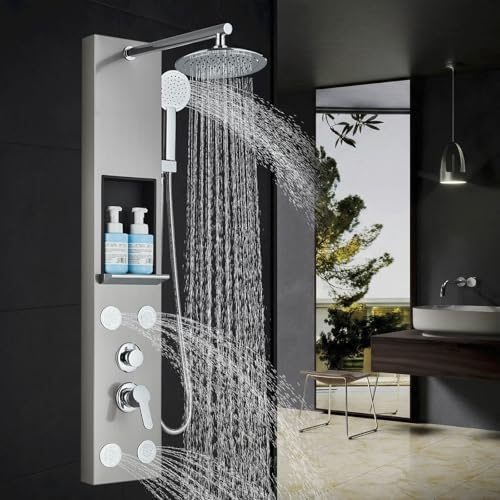 Duschsäule aus Edelstahl mit Massagedüsen Säule Wanddusche multifunktional Duschpaneel mit Ablage für Badezimmer