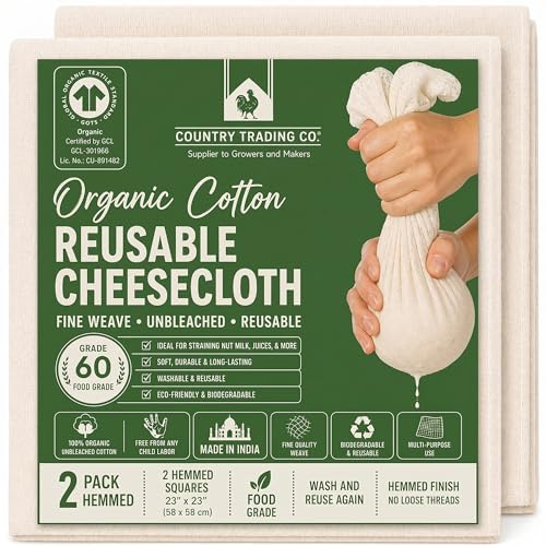 Käsetuch aus Bio-Baumwolle (GOTS-zertifiziert), ungebleicht, 2 gesäumte Seihtücher, 58,4 x 58,4 cm, Passiertuch/Cheesecloth für Joghurt, Nussmilch & Saft