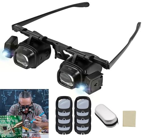 Aohcae Lupenbrille mit Licht, Vergrößerungsbrille mit 2 LED-Lichtern Kopflupe Wechselobjektiv 2.0X 6.0X 10.0X 24.0X, Stirnbandlupe Lupe, Uhrmacherlupe zum Lesen Juweliere Fischen älterer Menschen
