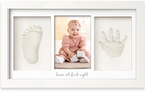 Keababies Baby Handabdruck Und Fußabdruck Set - Ton Handabdruck Andenken Rahmen, Neugeborenen Kinderzimmer Bilderrahmen fur Mädchen und Junge, Personalisierte Geschenke Baby fur Neue Mom(Alpine White)