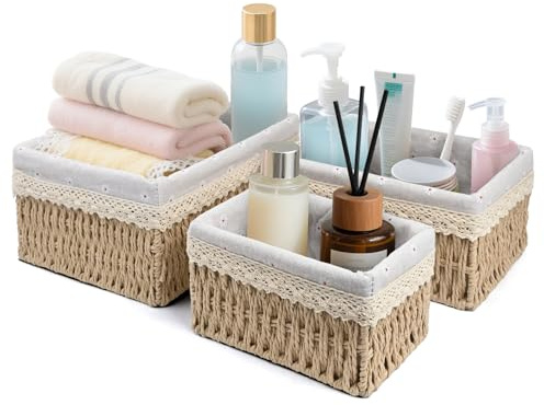 Geflochtene Aufbewahrungskörbe 3er Set, Korb mit Stoffeinsatz, Papierseil | 3 Größen, Boho Dekokörbe mit herausnehmbarem Stoffeinsatz, für Badezimmer, Wickeltisch, Babyzimmer, Regal, Schminktisch