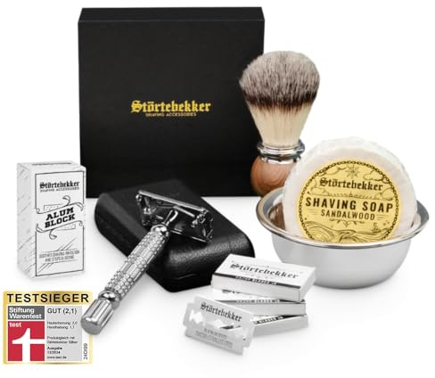 Störtebekker® Premium Rasierhobel Set für Herren im handgefertigten Lederetui - Rasierset mit Rasierpinsel, Rasierschale Edelstahl, Rasierseife, Alaunstein und Rasierklingen - Bartpflege Set Männer