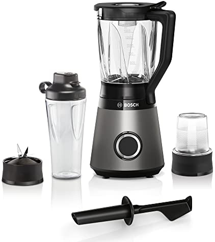 Bosch Standmixer, Smoothie Maker, 30,000 U/min, 1200 W, Edelstahl-Messer, 1,5l ThermoSafe Glasbehälter, 0,6l ToGo-Flasche, Zerkleinerer, Made in Europe, VitaPower Serie 4 MMB6177S