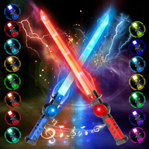 VATOS 2-in-1 Retractable LED Lichtschwerter für Kinder, 2er Set mit 15 RGB Farben & Echten Kampf-Soundeffekten, Wiederaufladbares Laserschwert Spielzeug für Cosplay, Themenpartys und Action-Spiele
