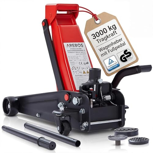 Arebos 3T Hydraulischer Rangierwagenheber | integriertem Fußpedal | Unterfahrhöhe 130-508 mm | 2 Gummi-Auflagen | Wagenheber Jack 360° Rollen | Heber Ständer KFZ Auto PKW