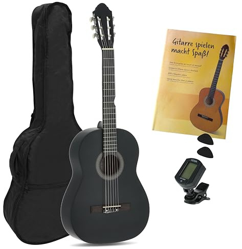 Juan Miguel Navarrez Konzertgitarre - klassische Gitarre - 4/4 schwarz - Starter Set - inkl. Tasche, Plektren, Buch, Stimmgerät