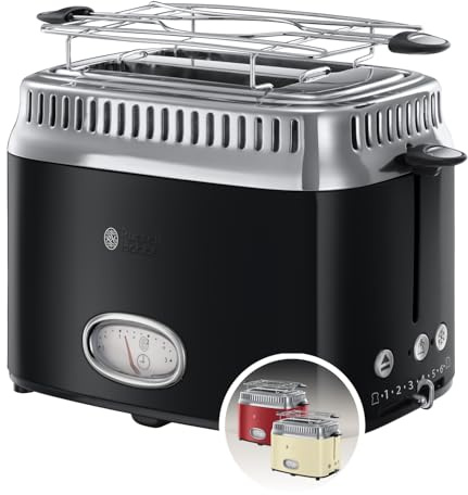 Russell Hobbs Toaster [für 2 Scheiben] Retro Edelstahl Schwarz (Countdown-Anzeige im Retrodesign, inkl. Brötchenaufsatz, 6 Bräunungsstufen + Auftau- & Aufwärmfunktion, 1300W) Vintage 21681-56