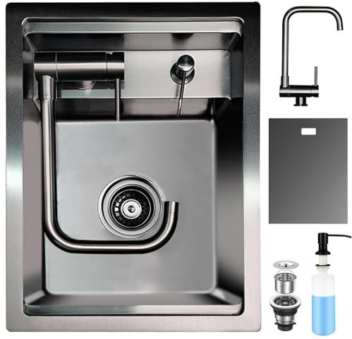 Versteckte verdeckte Küchenbar-Spüle mit klappbarem Wasserhahn, versteckte Edelstahl-Unterbau-Arbeitsplatz-Bar-Spüle für kleine Vorbereitungs-Wohnmobile (Schwarz, 30x45x22CM)