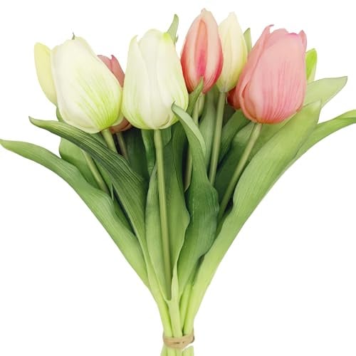 duoyif Künstliche tulpen, Tulpenbündel mit 6 Tulpen und 4 Tulpenknospen | Tulpe Kunstblumen wie echt, Tulpenblume Tulpenstrauß für Frühlingsdeko Hochzeit Hausgarten, Real Touch Tulip Farbe: rosa weiß