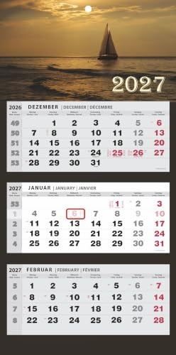 JAROGRAF Wandkalender 2027 – 3-Monats-Kalender mit praktischem Wandplaner für effiziente Jahresplanung, Feiertage, Schulferien und wichtige Termine (Segelboot) Dreimonatskalender