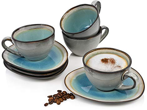 Sänger Kaffeetassen Set Capri mit Untertassen, 8-teiliges Tassen Set | aus Steingut, modernes Vintage Design 230ml