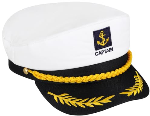 BESTOYARD Kapitänsmütze Herren, Verstellbare Matrosenmütze, Weiß | Seemannsmütze für Erwachsene, aus Baumwolle mit Vinyl, Kostüm Zubehör zu Karneval, Mottoparty, JGA, Bootsparty, Halloween