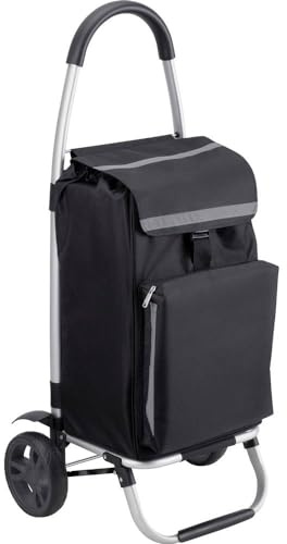 Meister Einkaufstrolley Schwarz, 54 + 5 L – Klappbarer Einkaufsroller mit großen Reifen & Kühlfach – Abnehmbare, regenfeste Tasche – Mit Aufhängung für Einkaufswagen