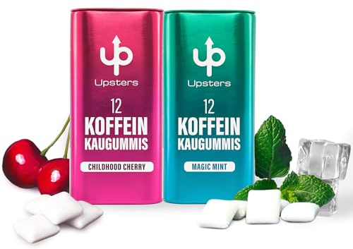 Upsters Koffein Kaugummi Probierpaket | Childhood Cherry & Magic Mint | Mit Guarana, Vitamin B6 & 52–60 mg Koffein | Zuckerfrei, vegan | Energy Kaugummi für Fokus & Konzentration | 24 Stück