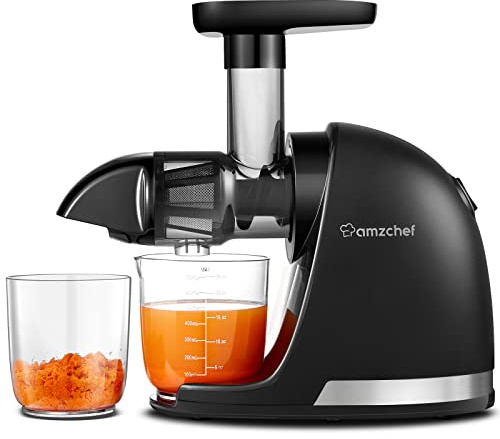 AMZCHEF Entsafter Gemüse und Obst Testsieger - Entsafter Slow Juicer mit Rückwärts-Kau-Funktion - Zartes Zerkleinern ohne Filtern - Saftpresse Elektrisch mit Bürste und 2 Tassen - Mattschwarz