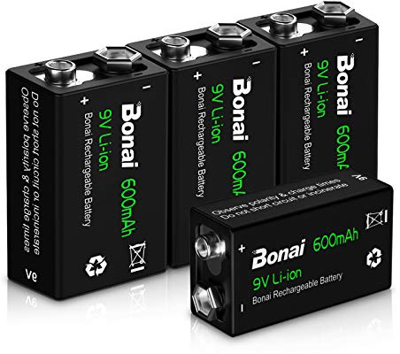 BONAI Akku 9V Block 600mAh Wiederaufladbare Batterien 6F22 Lithium 9 Volt Aufladbare Akkubatterien mit geringer Selbstentladung & Lange Lebensdauer für Rauchmelder(4 Stück)