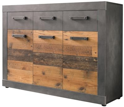 trendteam smart living - Indy - Kommode - Graphit Grau/Alteiche - 3 Schubladen, 3 Fächer - (BxHxT) 117 x 86 x 37 cm - Sideboard in rustikaler Optik