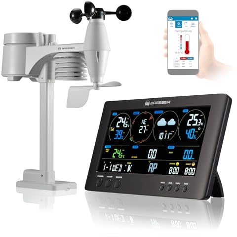 Bresser 7002586 Wetterstation Funk mit Aussensensor ClearView Wettercenter mit WLAN und 7-in-1 Profi-Sensor für Wind, Luftfeuchtigkeit, Temperatur, Niederschlag, UV-Level und Lichtintensität, Schwarz