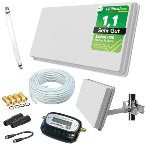 Sat Flachantenne mit Single LNB - HD Sat-Anlage für 1 TV - Selfsat H30D1+ kompakte Antenne inkl. Fensterhalterung, 10 m Koaxialkabel, SAT-Finder & Zubehör-Set - Starke Empfangsleistung von netshop 25