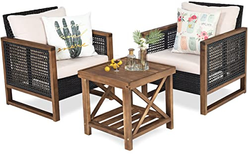 GOPLUS 3 TLG. Gartenmöbel Set, Polyrattan Sitzgruppe mit Beistelltisch, Rattanmöbel Lounge Set aus Holz für Terrasse, Balkon & Garten, Braun