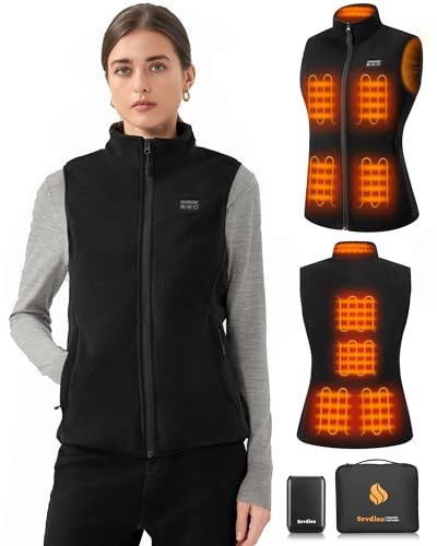 Sevdiea Fleece Heizweste Damen mit Powerbank 16000mah 7.4v, Beheizte Weste 4-in-1 Unabhängiger Controller mit Licht-aus-Design, Leichte Wärmeweste mit Akku 9 Heizzone für Winter Outdoor