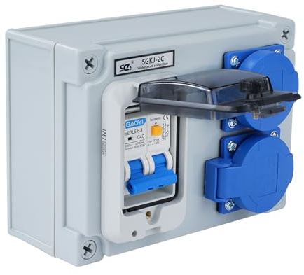 Baustromverteiler 16A Stromverteiler Starkstrom verteiler Wandverteiler mit 32A 1P+N FI Schalter Stromverteiler 16A mit 2 Steckdosen (250V 2-poliger Baustromverteiler) IP54 Wasserdicht.