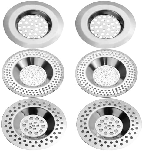 (6er Satz) Abflusssieb Küchenspüle mit Duschabfluss Haarfänger, Abflusssieb Dusche, Waschbecken Sieb für Küche, Badezimmer, Toilette Schutz der Drainage, Edelstahl Metall 3 Größen