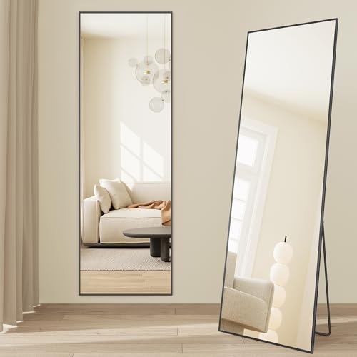 SONGMICS Ganzkörperspiegel, 160 x 50 cm, rechteckiger Standspiegel, Rahmen aus Aluminiumlegierung, Hartglas, quadratische Ecke, für Schlafzimmer, Wohnzimmer, Garderobe, tintenschwarz LFM050BD01