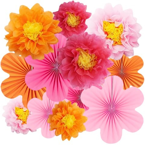 12 Stück Papier Blumenfächer und Papierblumen,Pompons Deko | Papiers Fächer Dekorationen,Rosa Party Papierblumen Dekoration ,für Festival, Karneval, Geburtstags Gartenparty Tischdeko