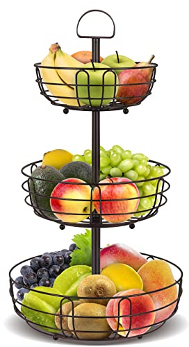 Bomclap 3 Stöckig Obstkörbe, Küche Obst Etagere aus Metall, Stehend Obstschale Gemüsekorb Aufbewahrung, Abnehmbare Obstkorb für Obst Gemüse Kuchen - Bronze