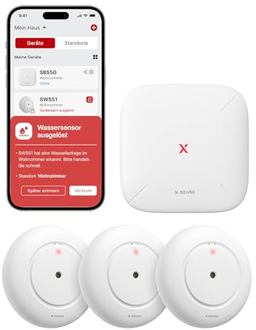 X-Sense Smart Wassermelder mit Batterie, WLAN Wassersensor, kompakter Überschwemmungssensor mit Einstellbarer Lautstärke von bis zu 110 dB sowie 500 m Reichweite, für Küchen, Keller und Badezimmer