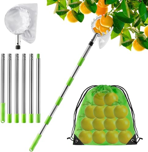 KOMABLEN 2.4M Obstpflücker mit Teleskopstiel, Apfelpflücker mit Edelstahl Teleskoppfahl und Baumwollbeutel, Obstsammler Pflückhilfe, Kirschpflücker für Birnen, Citrus, Orange