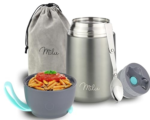 Milu® Thermobehälter für Essen 650ml, Edelstahl Warmhaltebehälter mit Löffel, Thermobecher Essen, Thermo Lunchbox für Kinder, Erwachsene, Thermobox Suppen, Babybrei, Speisebehälter Grau, 650ml