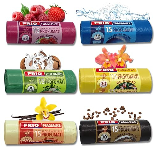 FRIO - Packung mit 90 parfümierte Müllbeuteln, 30 l, 6 SORTIERTE DÜFTE - 52 x 58 cm, SORTIERTE FARBEN - Premium-Abfallbeutel, extra strapazierfähig, super robust, duftende